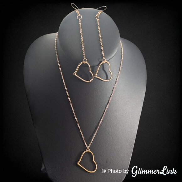 Minimalist Open Heart Pendant Necklace & Long Dangle Earrings Gold Tone Set - Picture 2 of 7